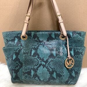 MICHAEL KORS Emerald Green Crystal Snakeskin Python Leather Large Pocket Tote
